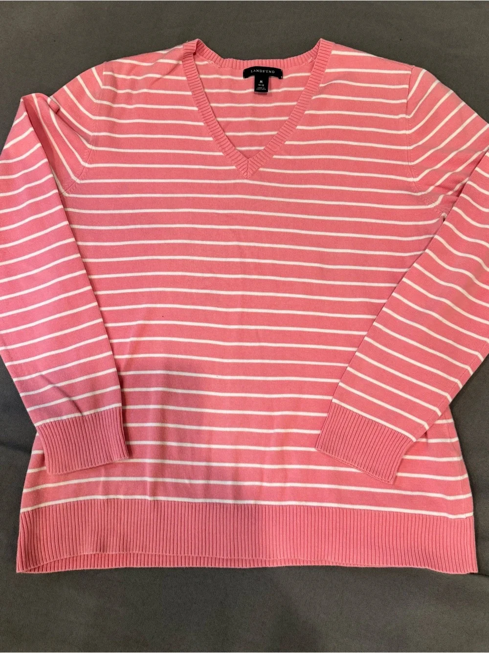 Lands' End Women's Pink and White Striped V-Neck Sweater Medium Casual Coastal